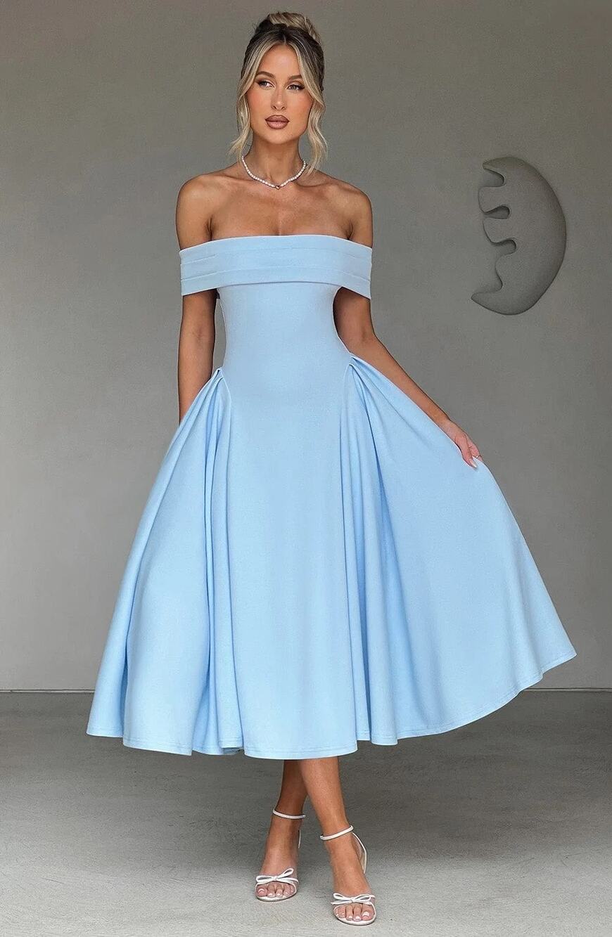 NWT Babyboo Miranda Blue Cowl Neck Strapless Fit & Flare Midi Dress Women Size S